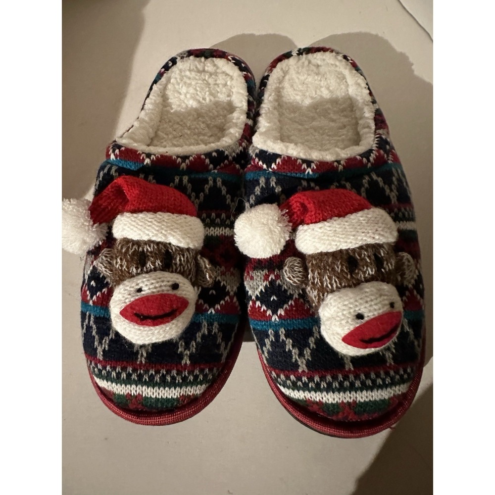 Christmas Sock Monkey Slippers Non-slip Soft Plush Knit Women's Small 5/6 NEW